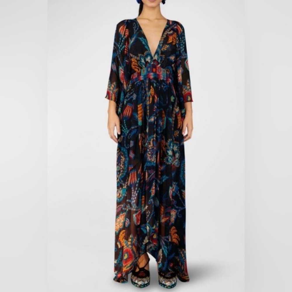 ♥️ Farm Rio Sunset Tapestry Black Asymmetric-Hem Kaftan  Maxi Dress